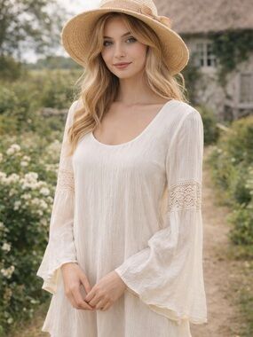 Purple Snow Cream Gauze Peasant Tunic with Crochet Sleeve Detail